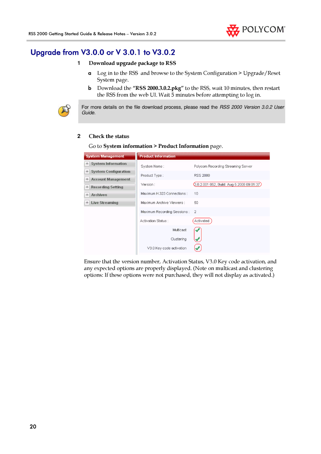 Polycom RSS 2000 manual Upgrade from V3.0.0 or V 3.0.1 to 