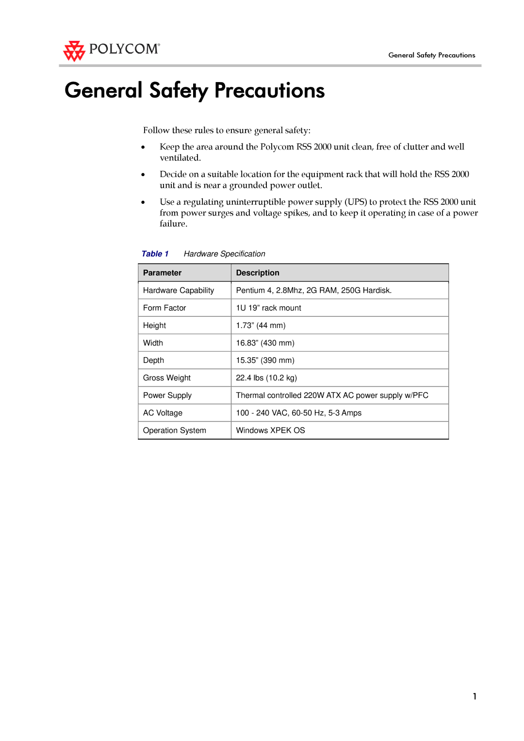 Polycom RSS 2000 manual General Safety Precautions, Parameter Description 