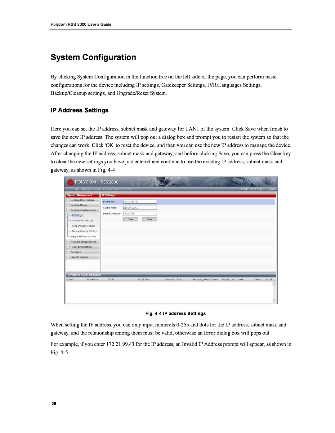 Polycom RSS 2000 manual System Configuration, IP Address Settings 