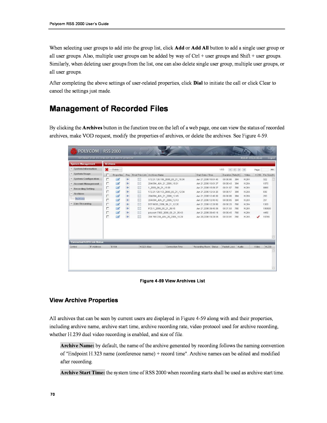 Polycom RSS 2000 manual Management of Recorded Files, View Archive Properties 