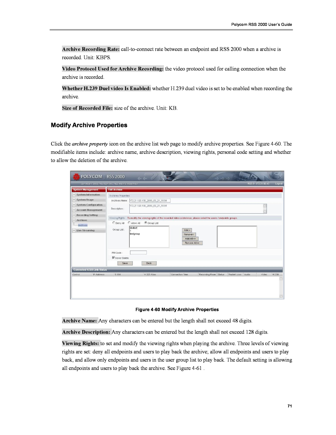 Polycom RSS 2000 manual Modify Archive Properties 