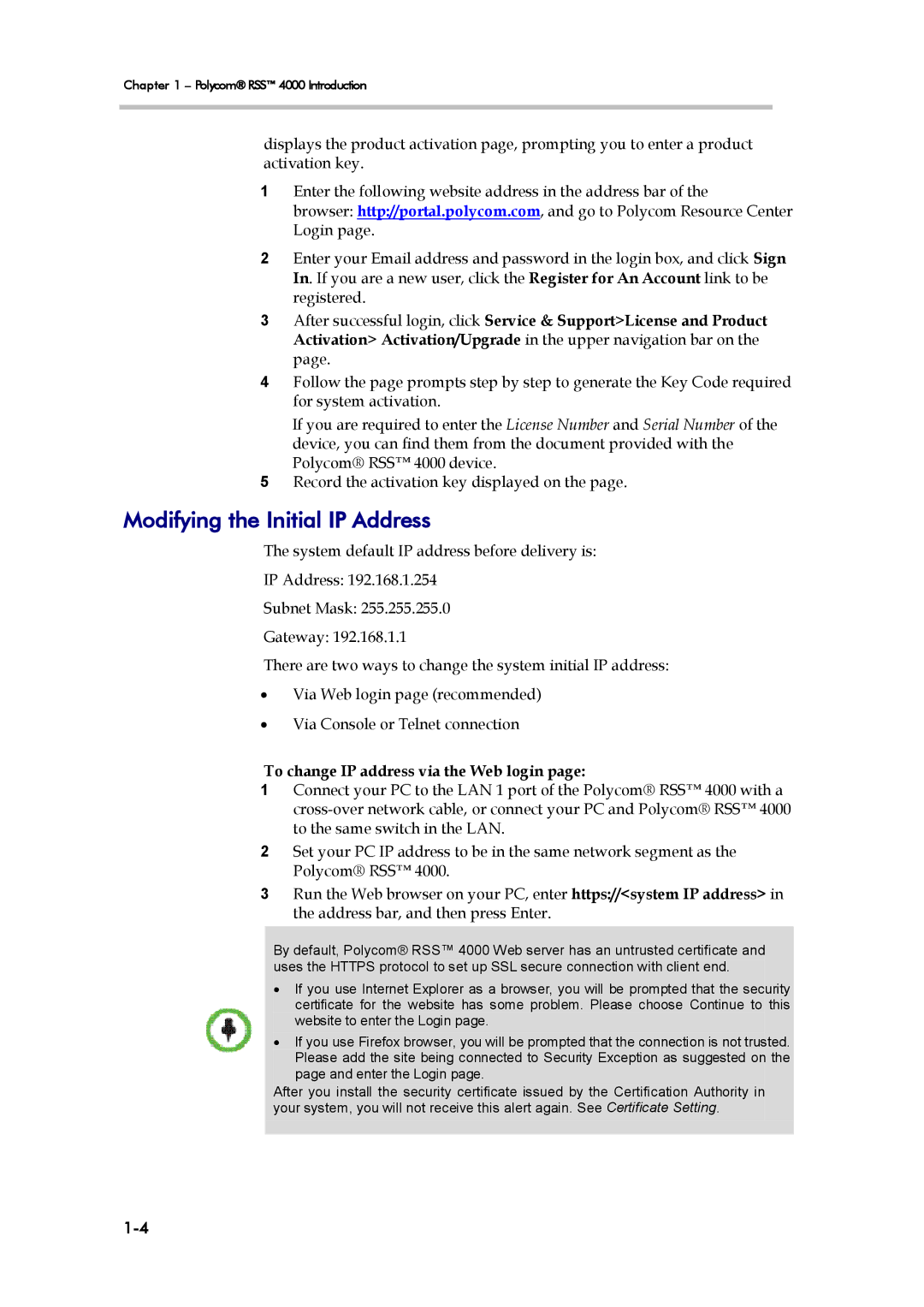 Polycom RSS 4000, 3725-32870-002 manual Modifying the Initial IP Address, To change IP address via the Web login 