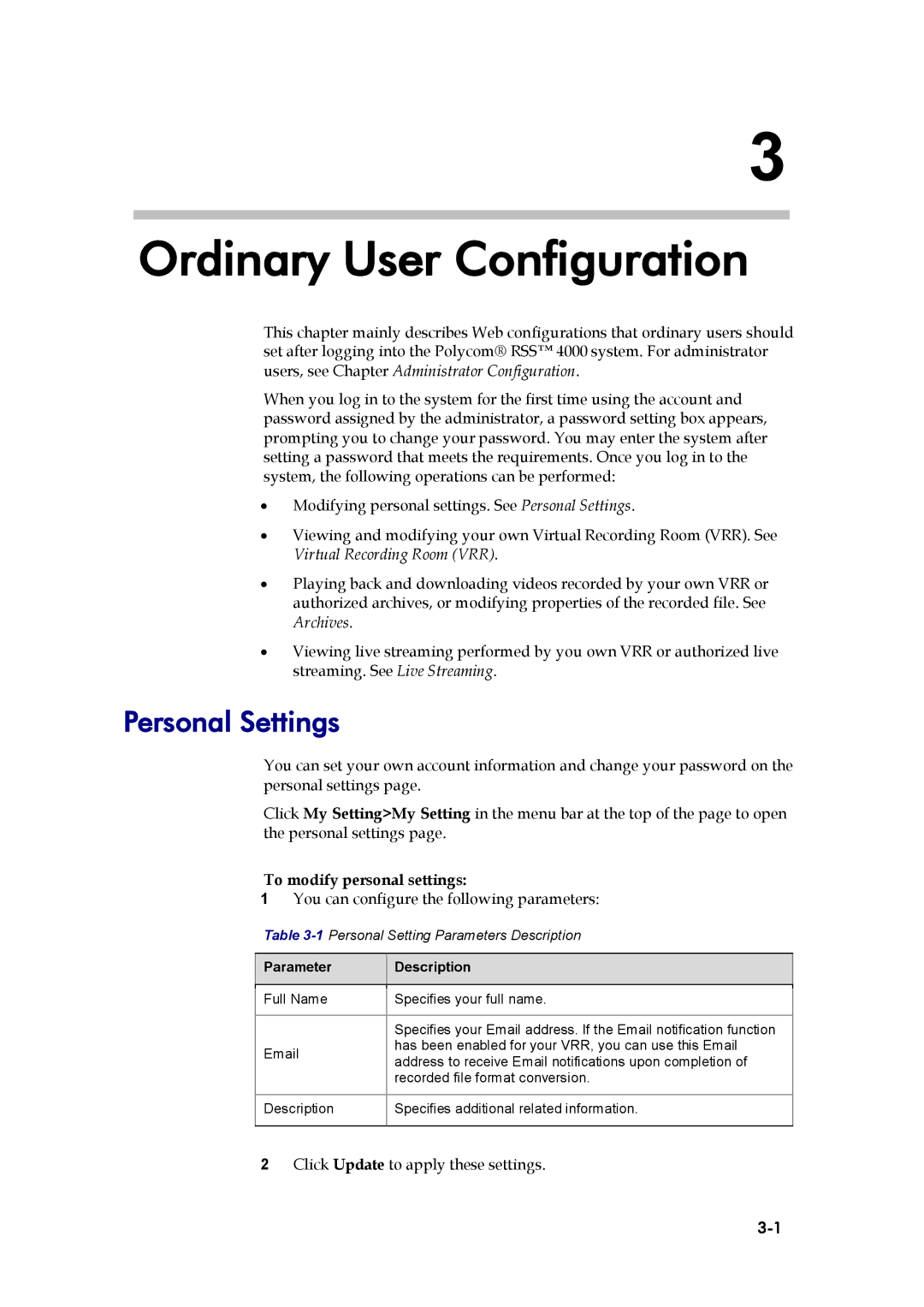 Polycom 3725-32870-002, RSS 4000 manual Personal Settings, To modify personal settings 