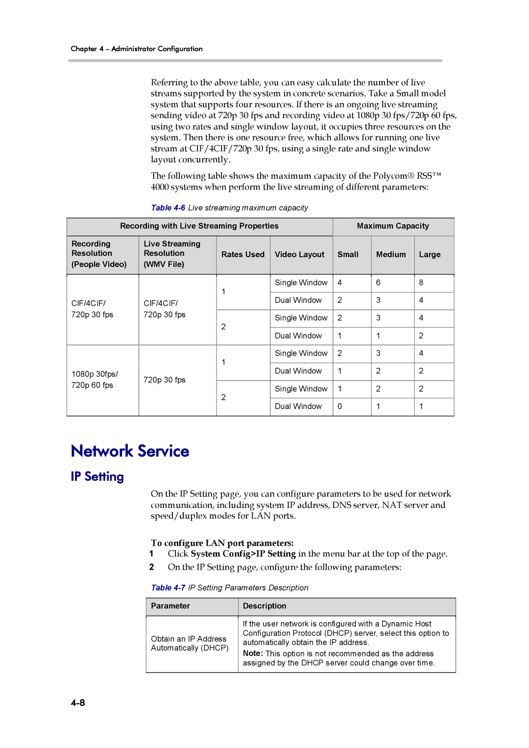 Polycom RSS 4000, 3725-32870-002 manual Network Service, IP Setting, To configure LAN port parameters 