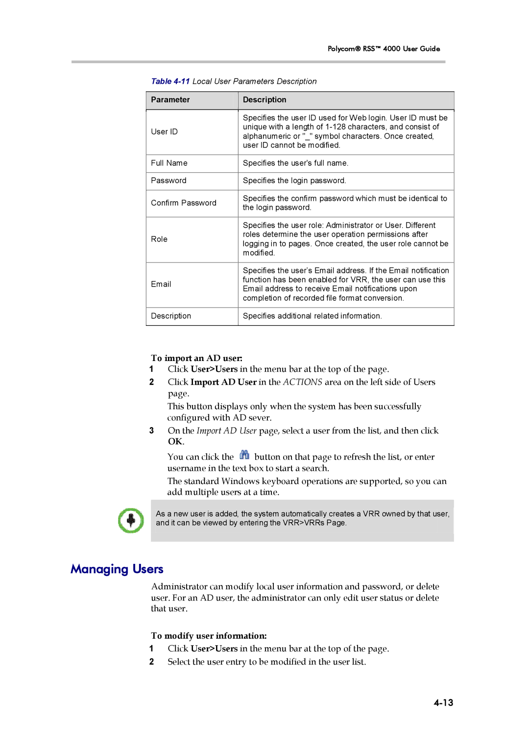 Polycom 3725-32870-002, RSS 4000 manual Managing Users, To import an AD user, To modify user information 