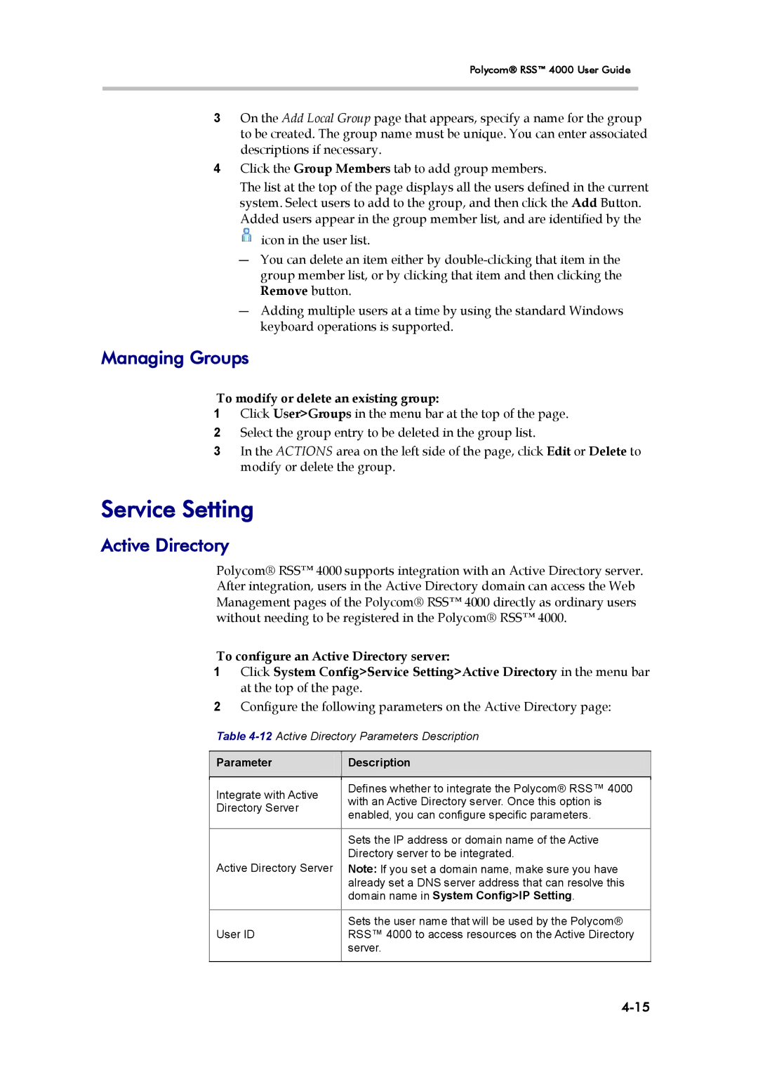 Polycom 3725-32870-002, RSS 4000 Service Setting, Managing Groups, Active Directory, To modify or delete an existing group 