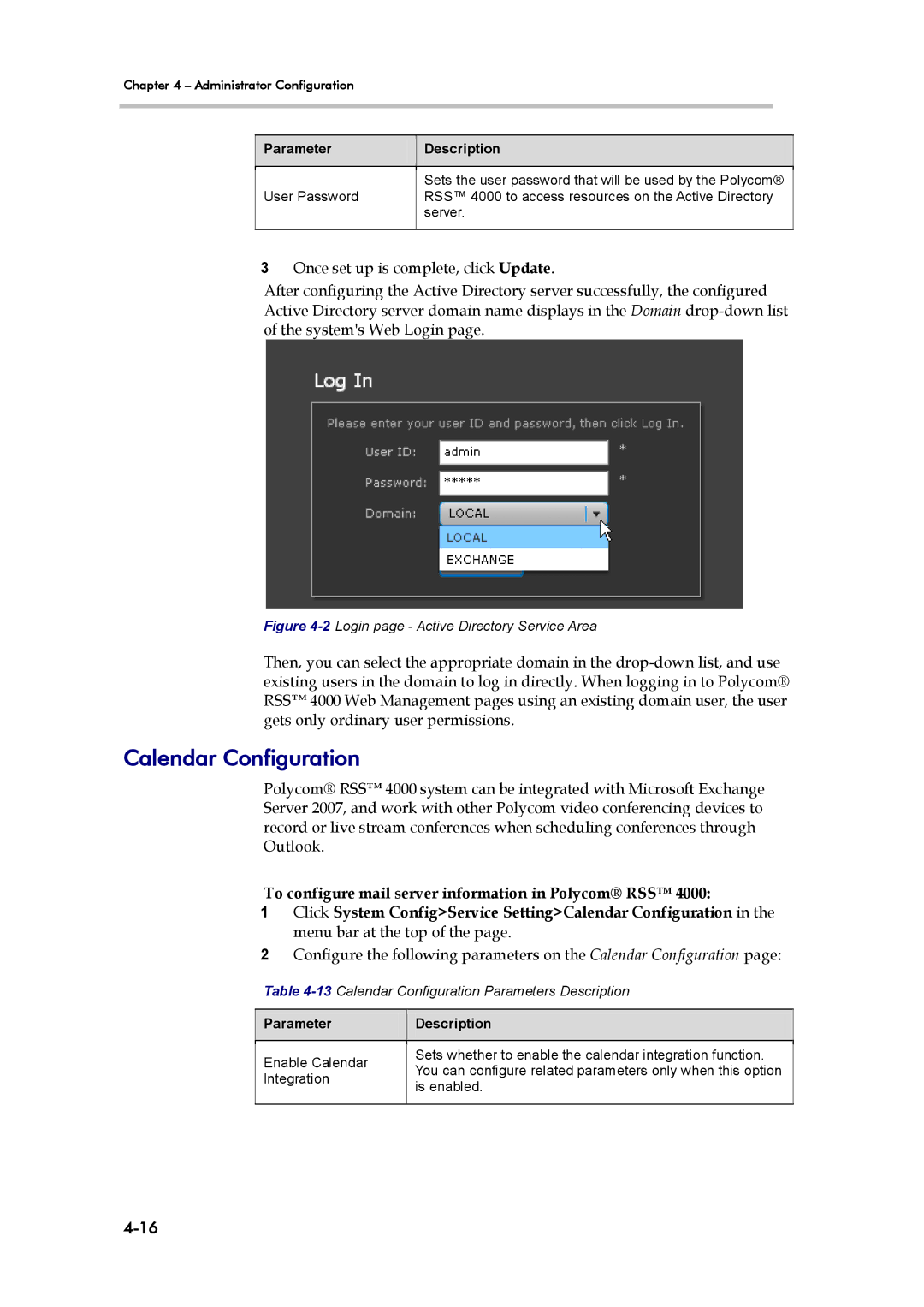 Polycom RSS 4000, 3725-32870-002 manual Calendar Configuration, To configure mail server information in Polycom RSS 