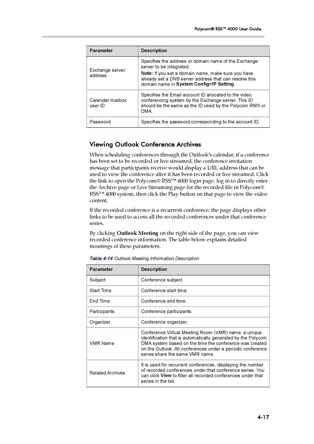 Polycom 3725-32870-002, RSS 4000 manual Viewing Outlook Conference Archives 