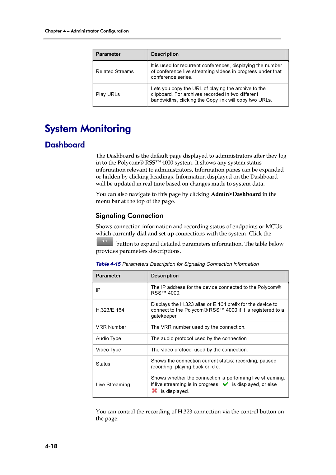 Polycom RSS 4000, 3725-32870-002 manual System Monitoring, Dashboard, Signaling Connection 