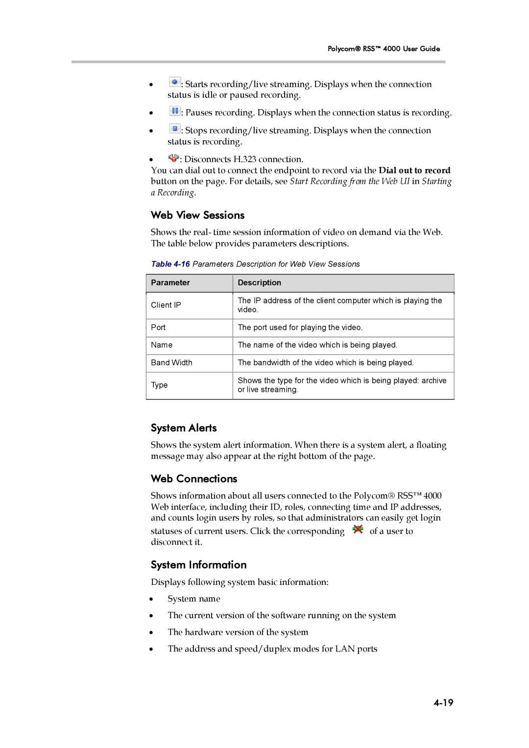 Polycom 3725-32870-002, RSS 4000 manual Web View Sessions, System Alerts, Web Connections, System Information 