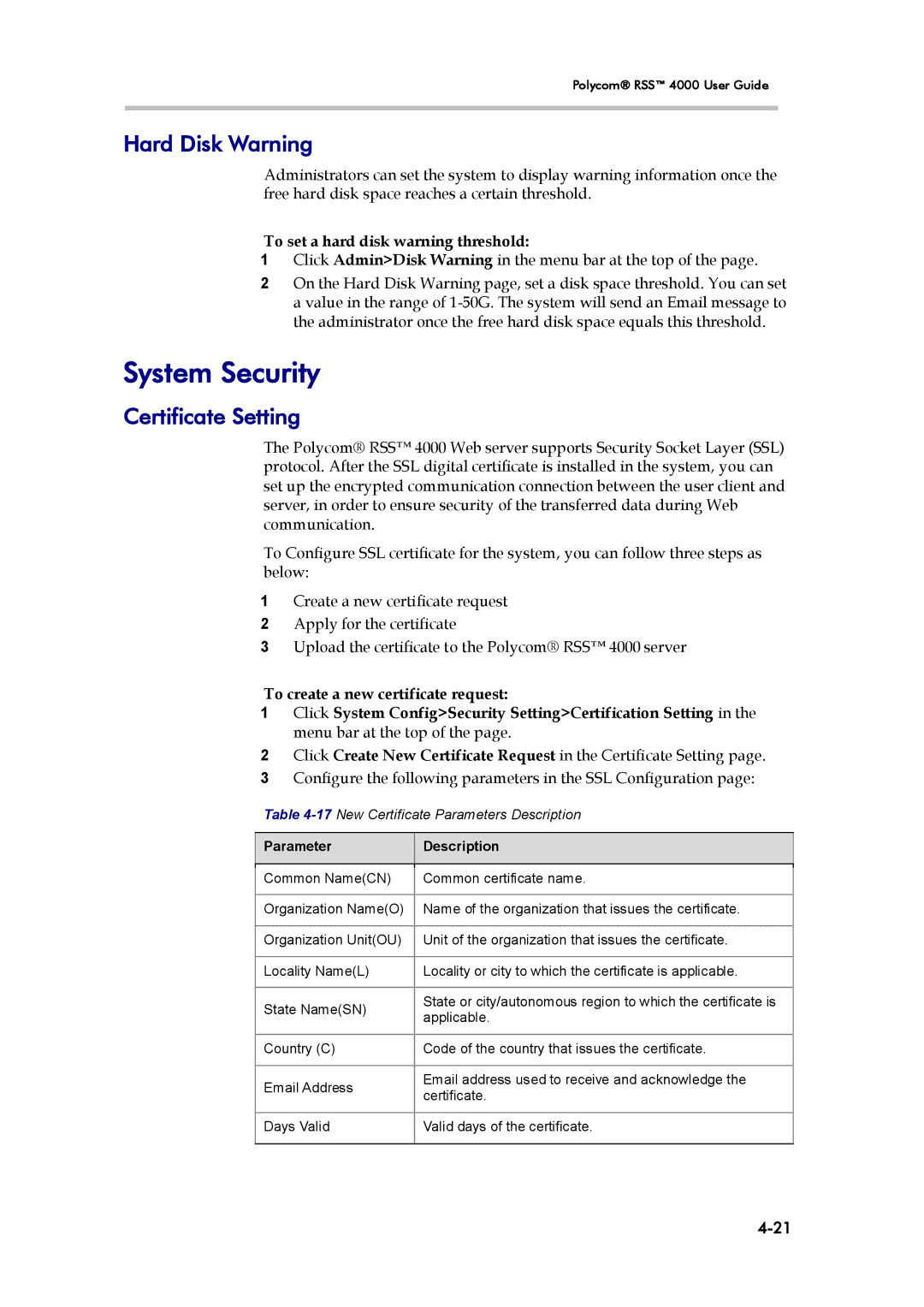 Polycom 3725-32870-002 manual System Security, Hard Disk Warning, Certificate Setting, To set a hard disk warning threshold 