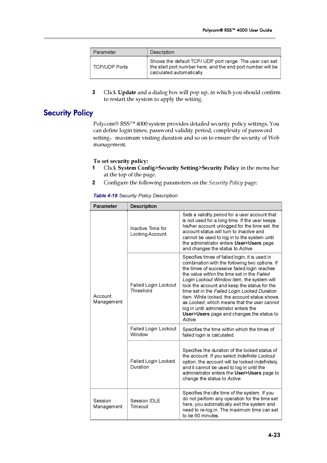 Polycom 3725-32870-002, RSS 4000 manual Security Policy, To set security policy 