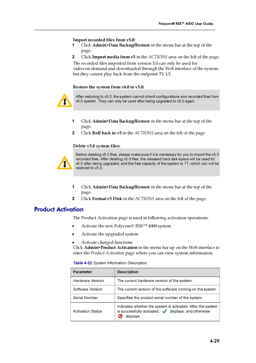 Polycom 3725-32870-002, RSS 4000 manual Product Activation, Import recorded files from, Restore the system from v6.0 to 