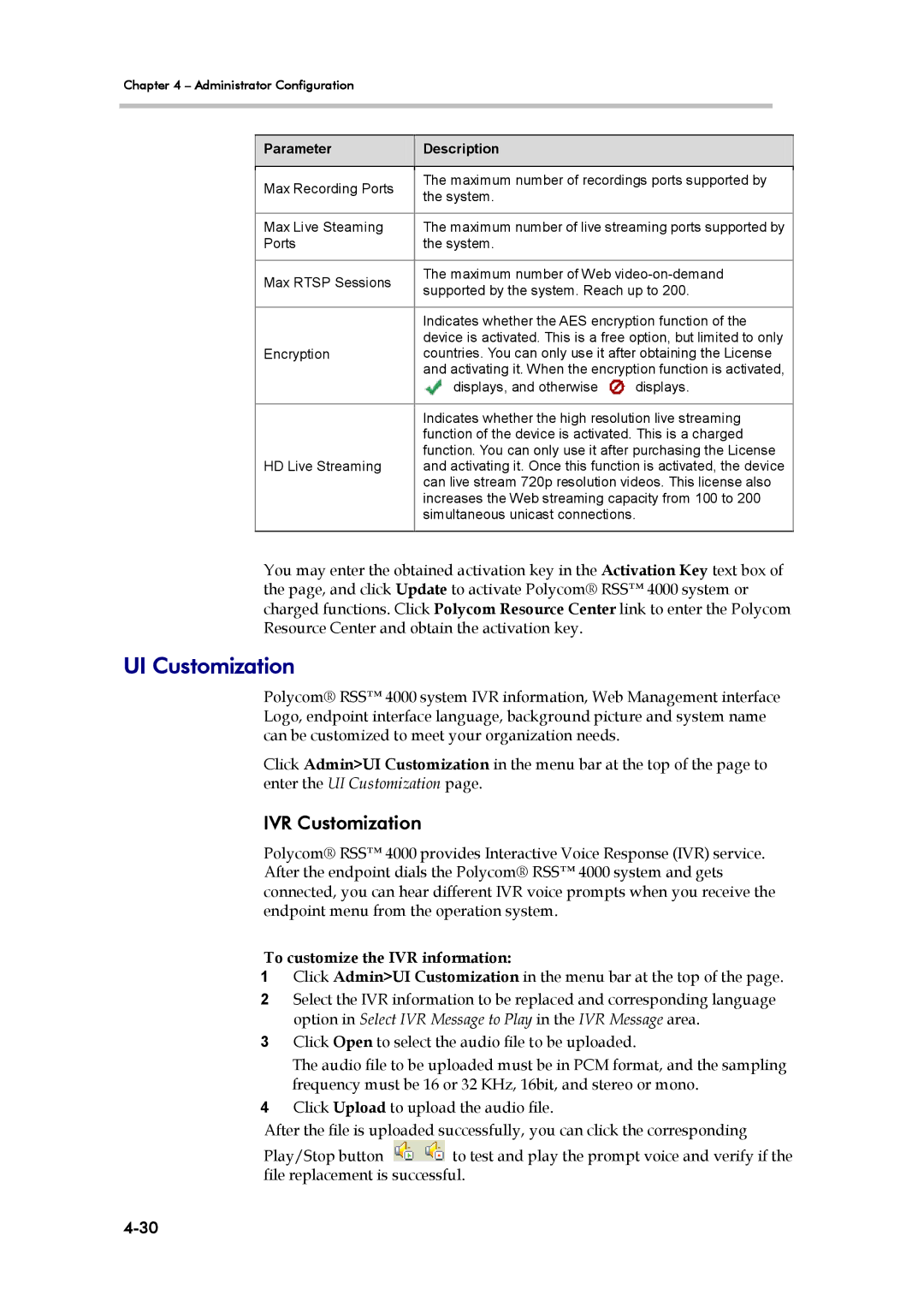 Polycom RSS 4000, 3725-32870-002 manual UI Customization, IVR Customization, To customize the IVR information 