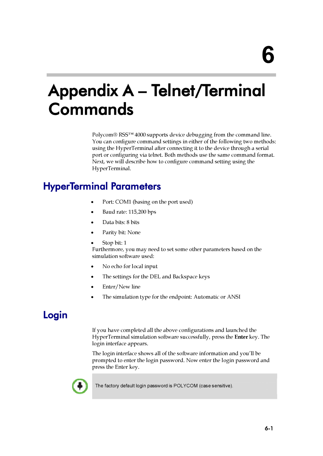 Polycom 3725-32870-002, RSS 4000 manual HyperTerminal Parameters, Login 