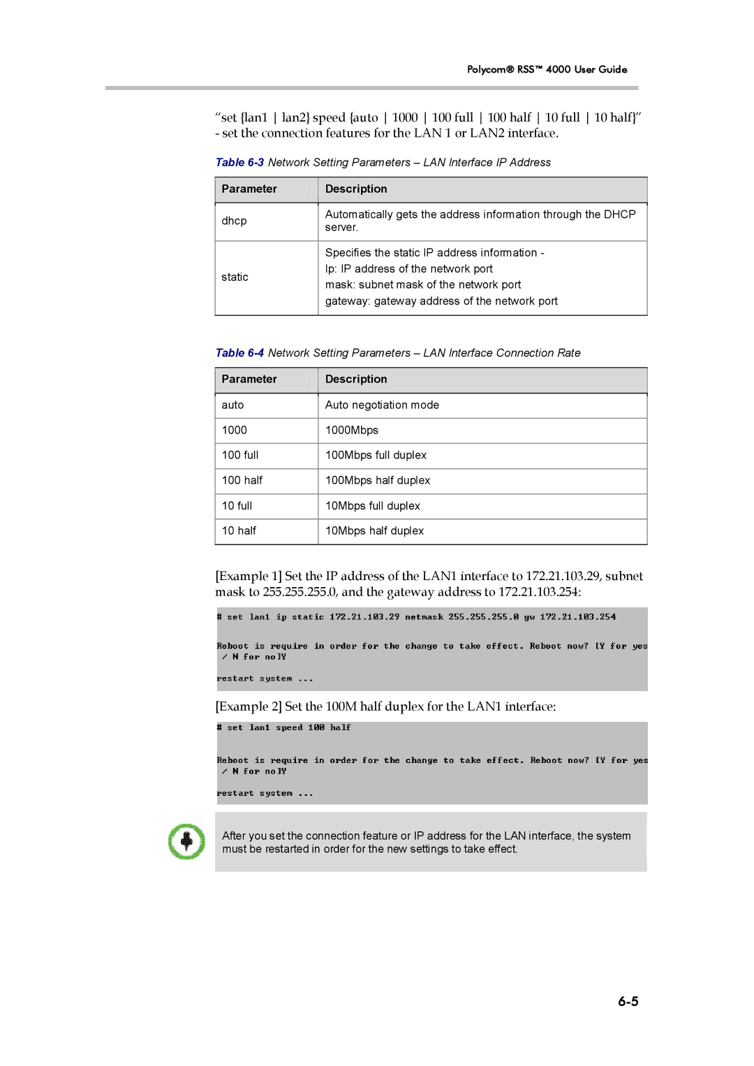 Polycom 3725-32870-002, RSS 4000 manual 3Network Setting Parameters LAN Interface IP Address 