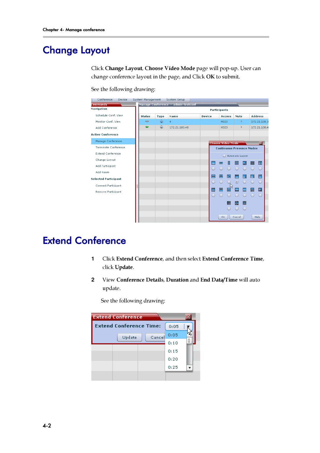 Polycom SE 200 V3.0.2/CMA, RMX 1000 V1.1.1 manual Change Layout, Extend Conference 