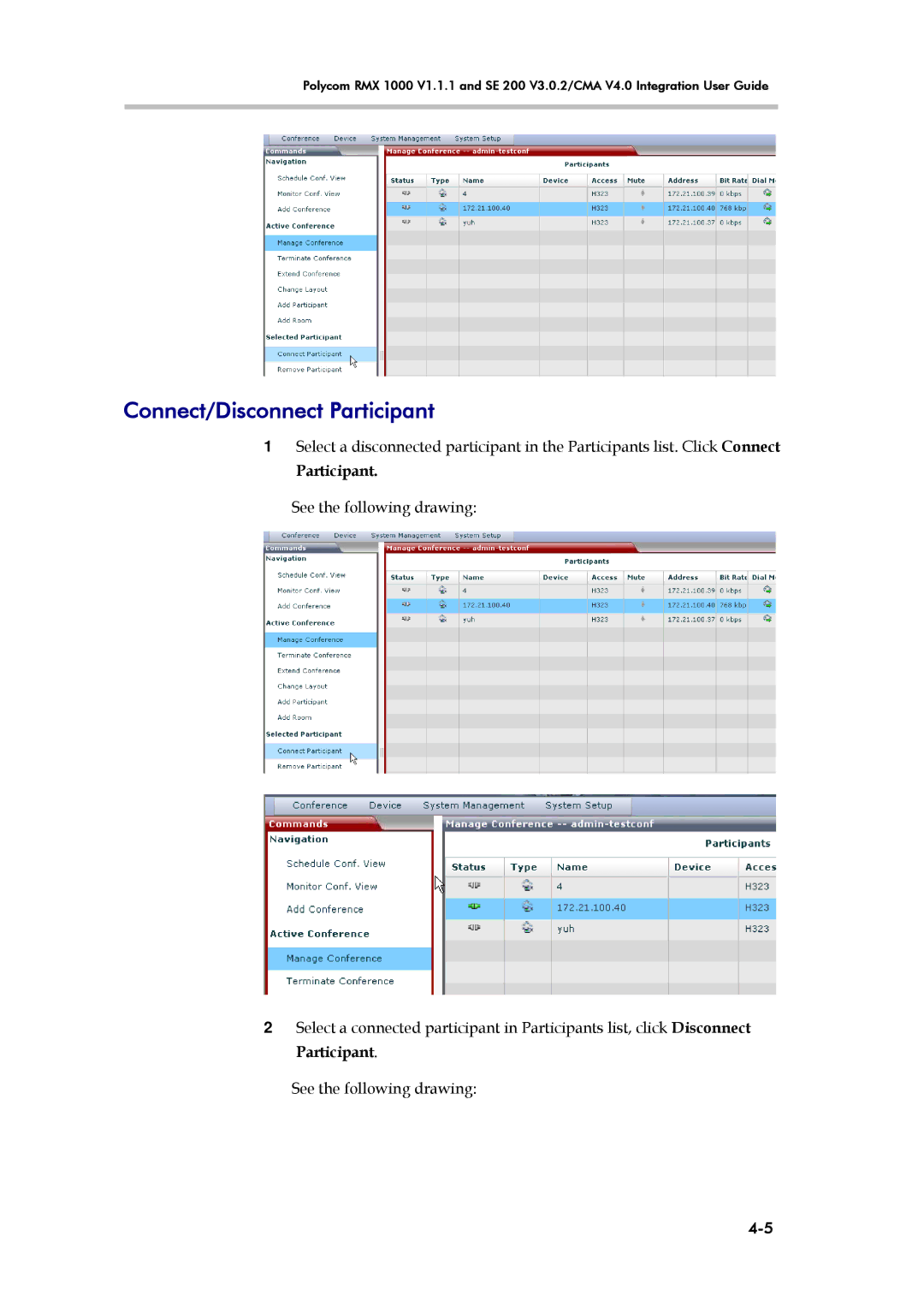 Polycom RMX 1000 V1.1.1, SE 200 V3.0.2/CMA manual Connect/Disconnect Participant 