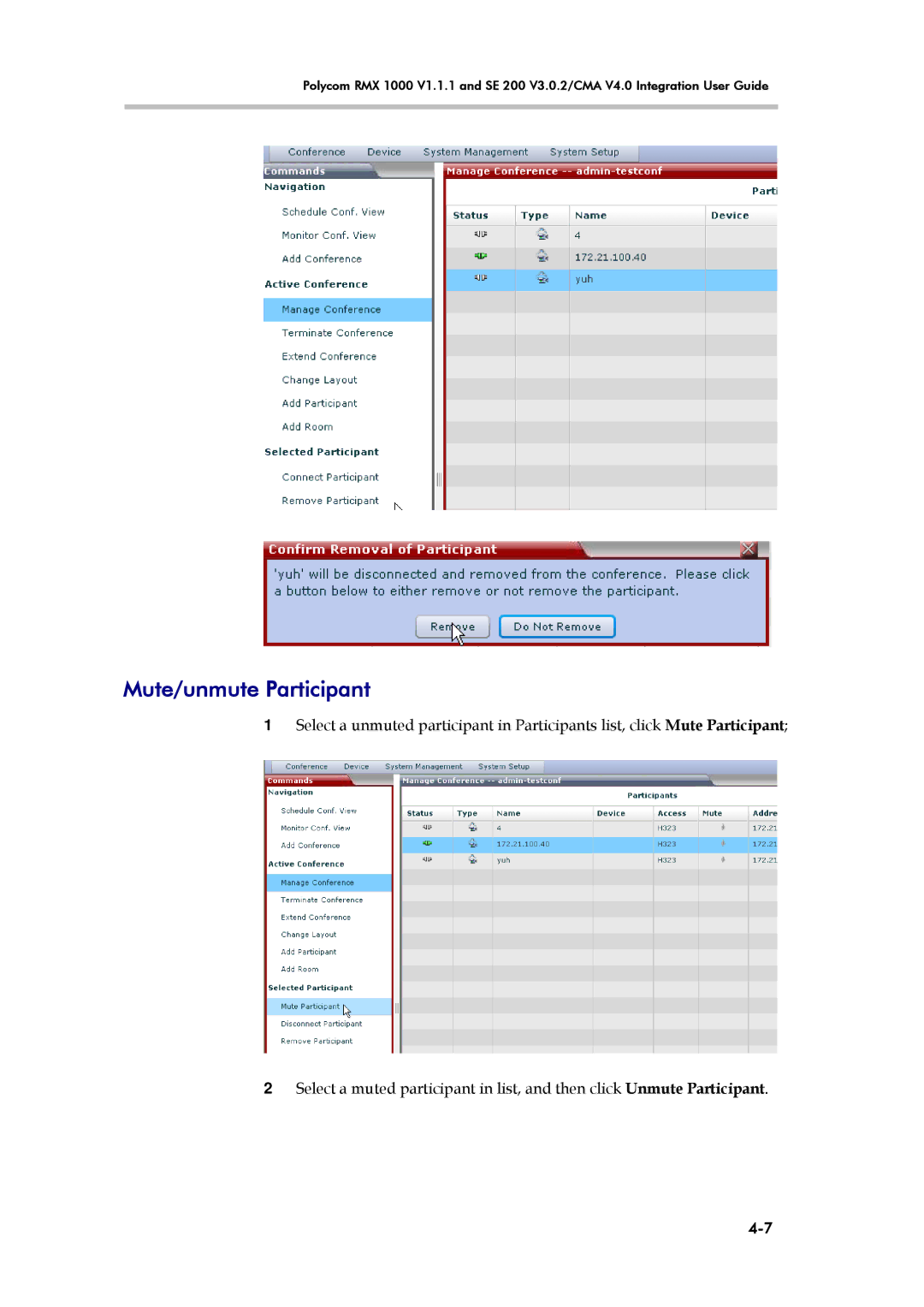 Polycom RMX 1000 V1.1.1, SE 200 V3.0.2/CMA manual Mute/unmute Participant 