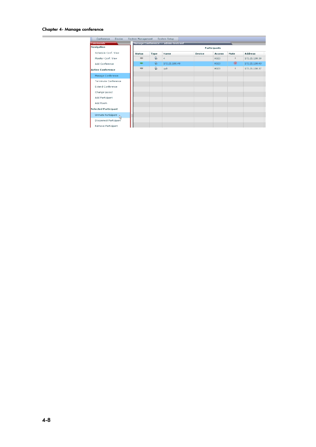 Polycom SE 200 V3.0.2/CMA, RMX 1000 V1.1.1 manual Manage conference 