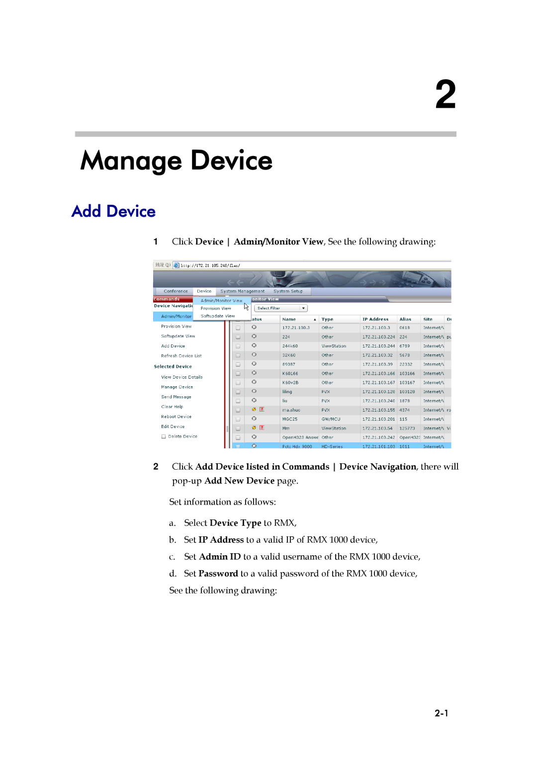 Polycom RMX 1000 V1.1.1, SE 200 V3.0.2/CMA manual Manage Device, Add Device 