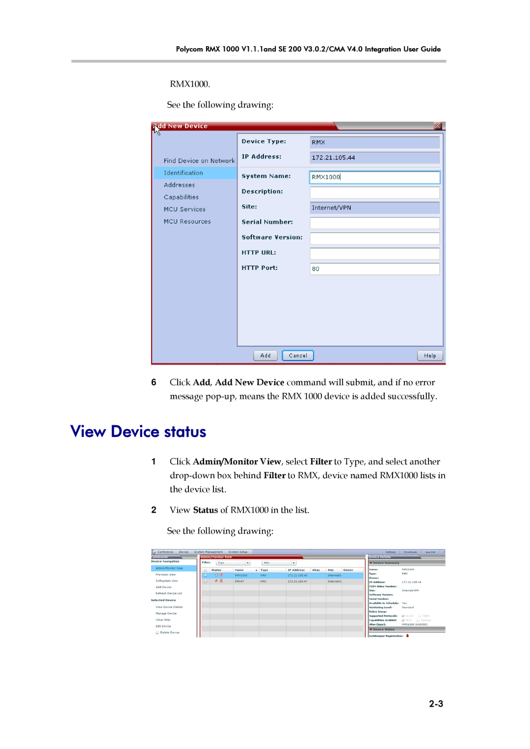 Polycom RMX 1000 V1.1.1, SE 200 V3.0.2/CMA manual View Device status 