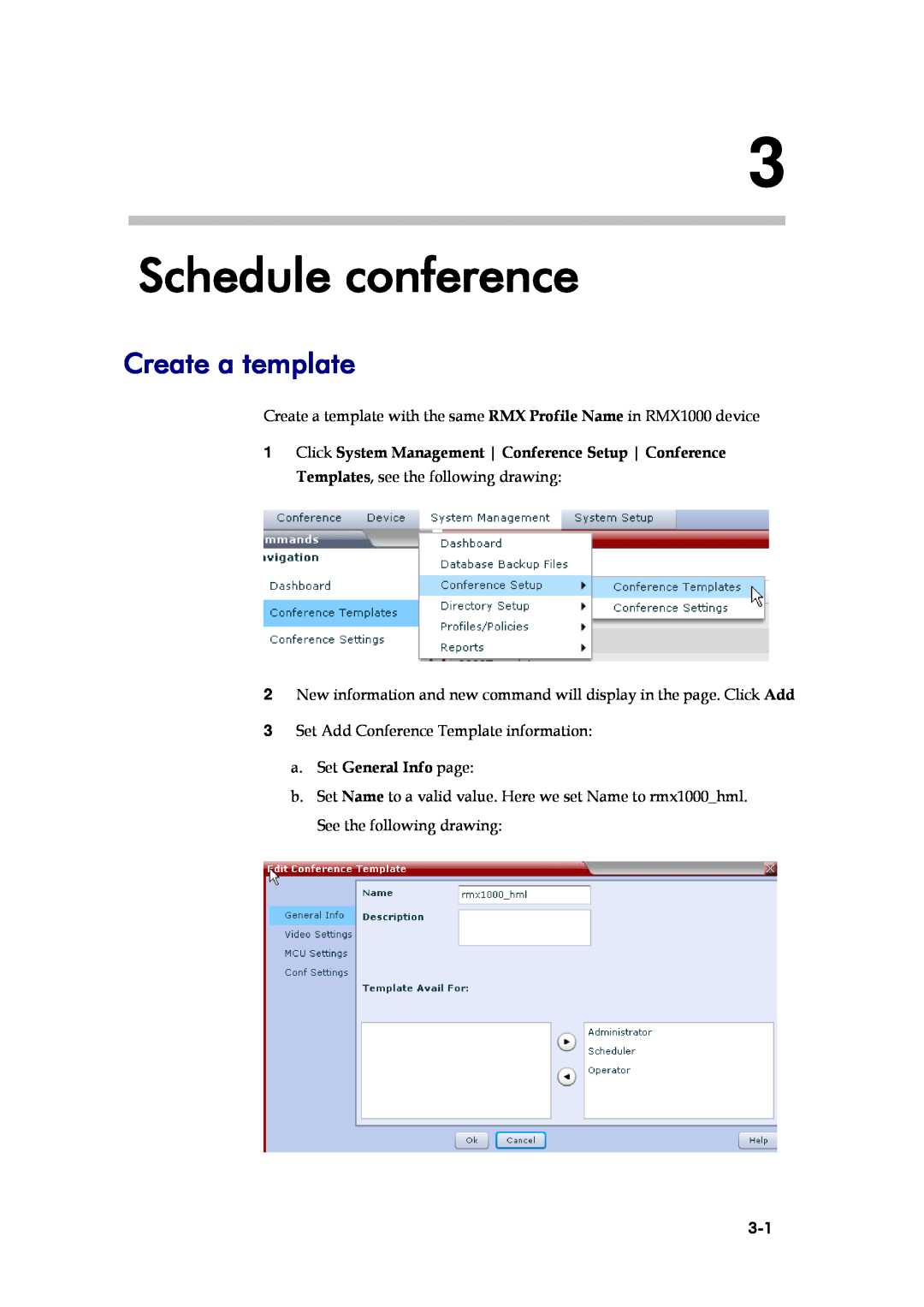 Polycom RMX 1000 V1.1.1, SE 200 V3.0.2/CMA manual Schedule conference, Create a template, a. Set General Info page 
