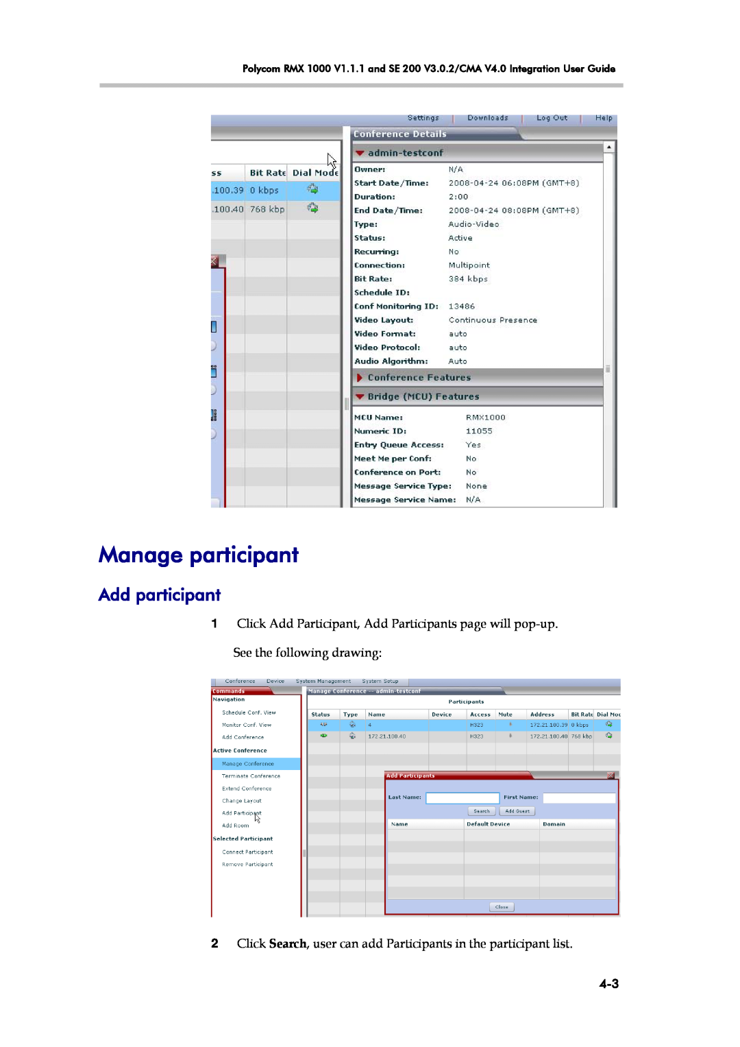 Polycom RMX 1000 V1.1.1, SE 200 V3.0.2/CMA manual Manage participant, Add participant 
