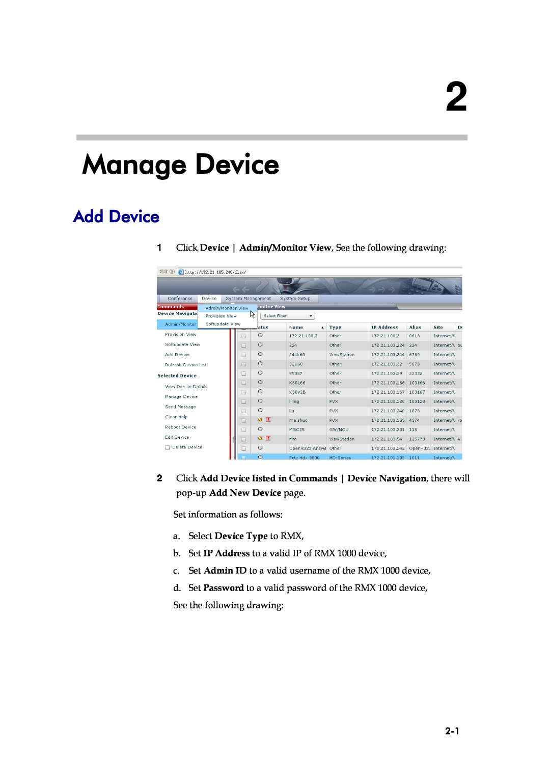Polycom RMX 1000 V1.1.1, SE 200 V3.0.2/CMA manual Manage Device, Add Device 