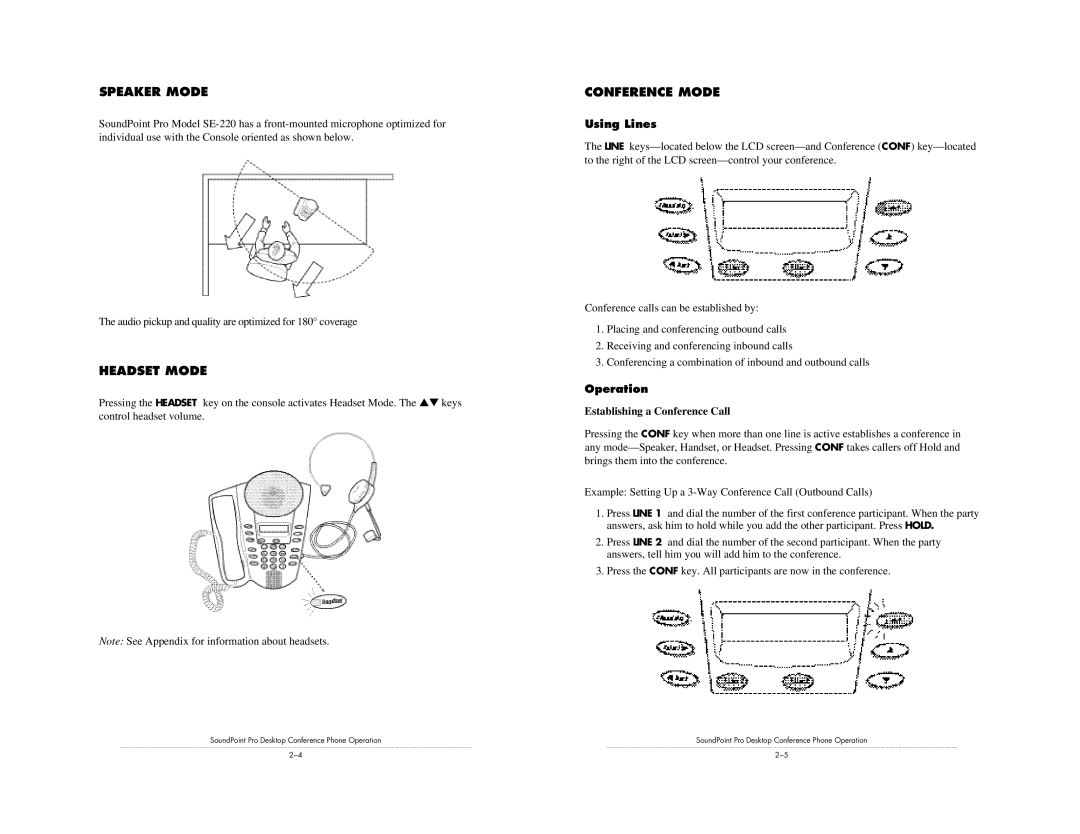 Polycom SE-220 installation instructions Speaker Mode, Headset Mode, Conference Mode, Using Lines, Operation 