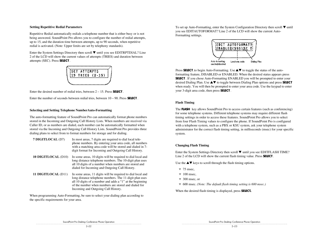 Polycom SE-220 Setting Repetitive Redial Parameters, Selecting and Setting Telephone NumberAuto-Formatting, Flash Timing 