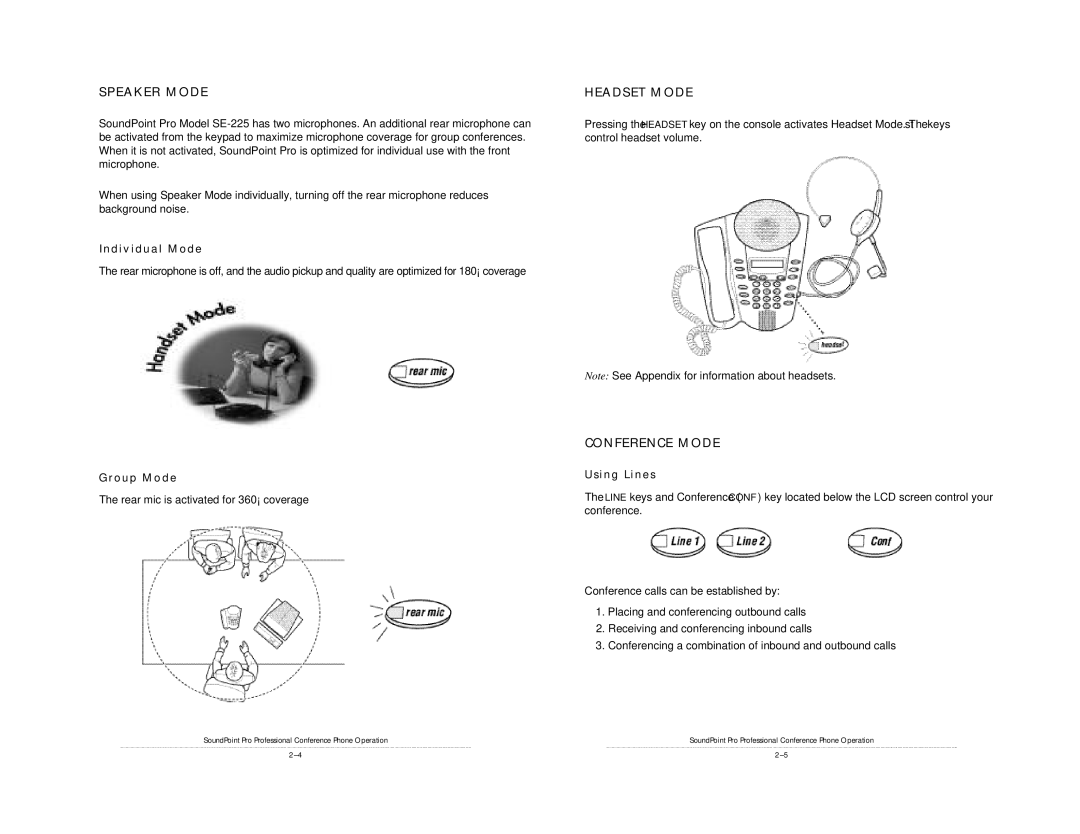 Polycom SE-225 installation instructions Speaker Mode, Headset Mode, Conference Mode 