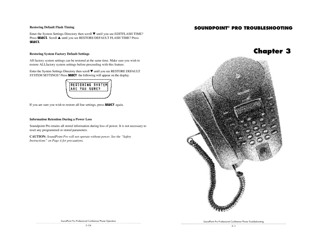 Polycom SE-225 installation instructions Restoring Default Flash Timing, Restoring System Factory Default Settings 