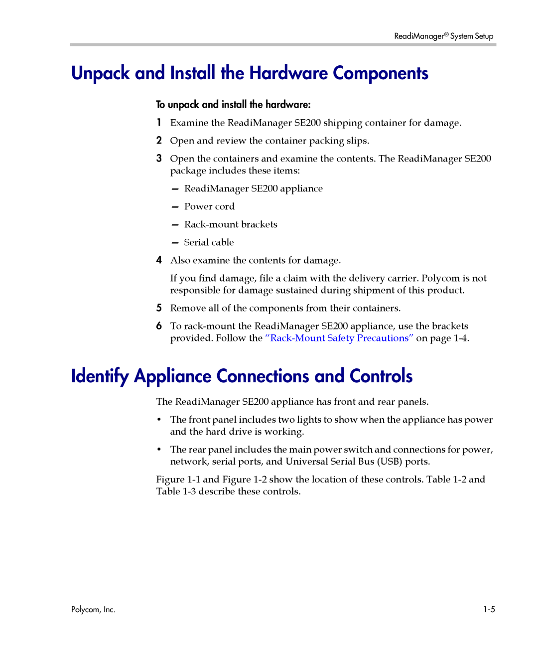 Polycom se200 manual Unpack and Install the Hardware Components, Identify Appliance Connections and Controls 