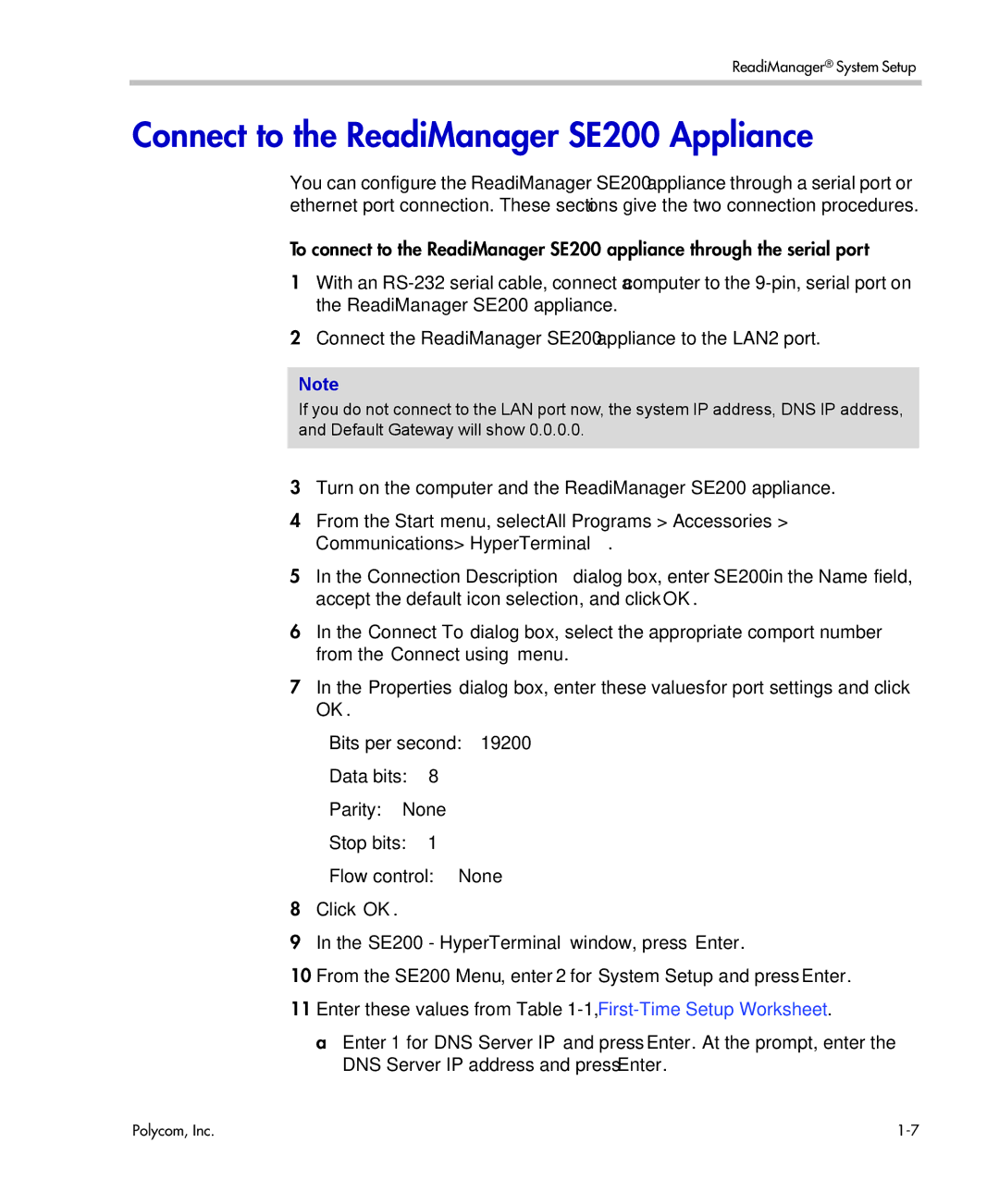 Polycom se200 manual Connect to the ReadiManager SE200 Appliance, SE200 HyperTerminal window, press Enter 