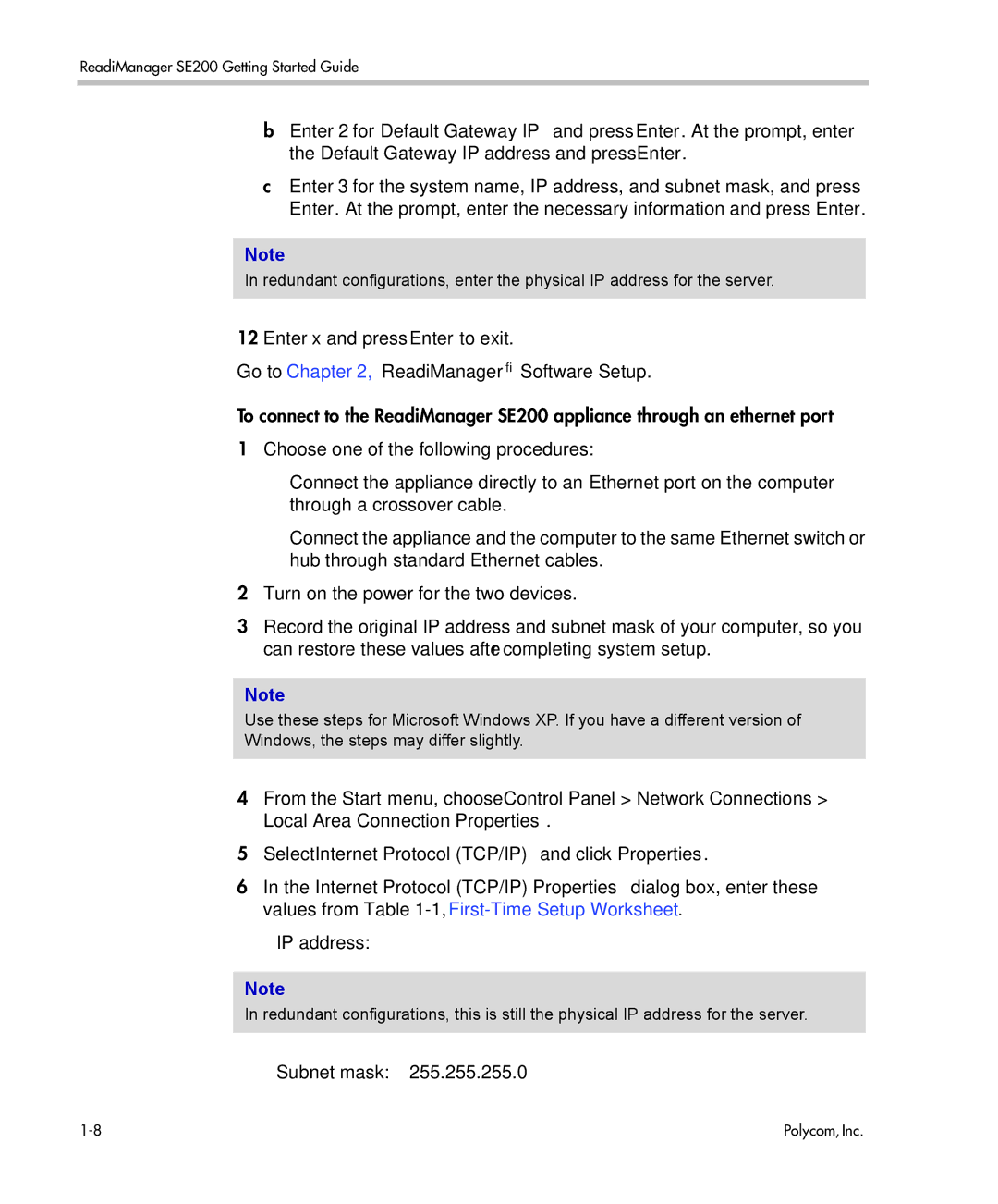 Polycom se200 manual IP address, Subnet mask 