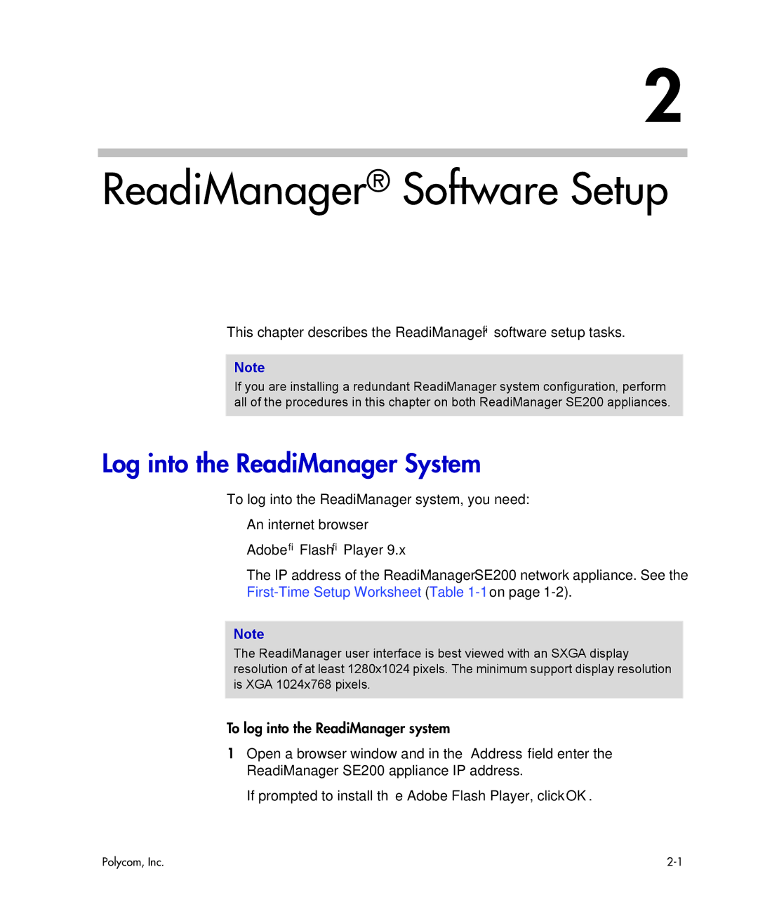 Polycom se200 manual ReadiManager Software Setup, Log into the ReadiManager System 