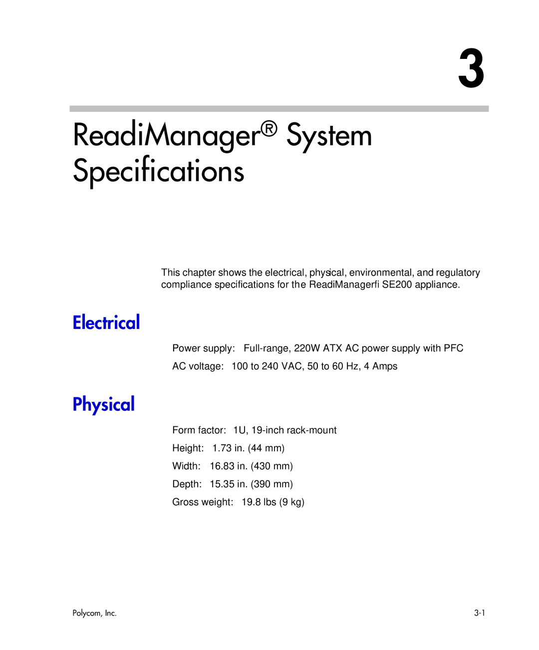 Polycom se200 manual ReadiManager System Specifications, Electrical, Physical 