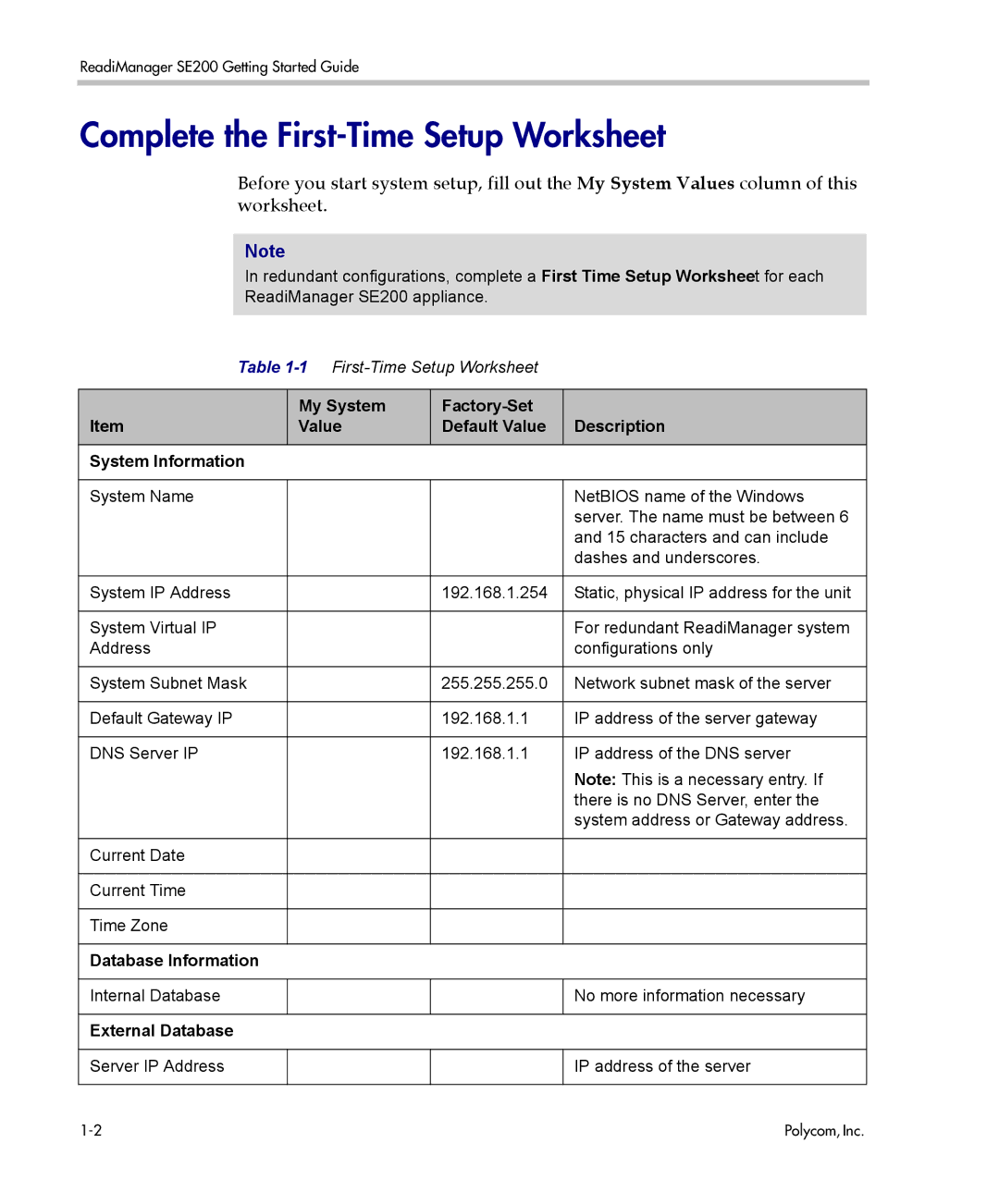 Polycom se200 manual Complete the First-Time Setup Worksheet, External Database 