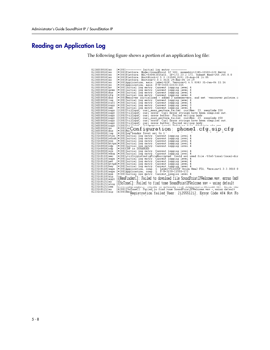 Polycom SIP 2.2.0 manual Reading an Application Log, Following figure shows a portion of an application log file 