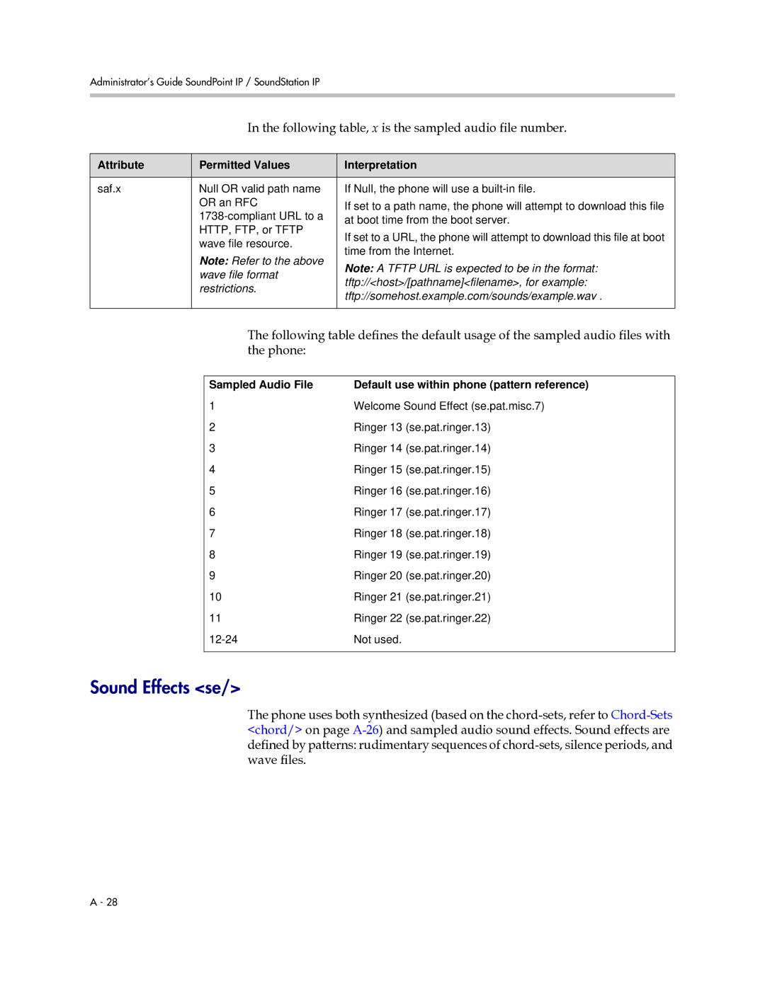 Polycom SIP 2.2.0 Sound Effects se, Following table, x is the sampled audio file number, Wave file format, Restrictions 