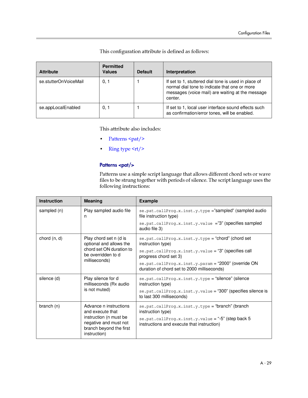 Polycom SIP 2.2.0 manual Patterns pat Ring type rt, Instruction Meaning Example 