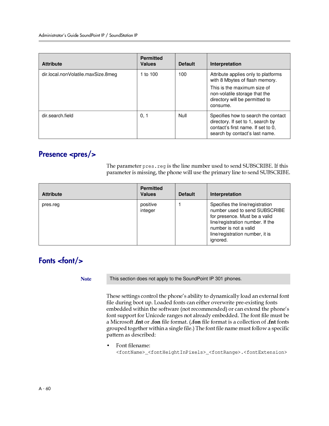 Polycom SIP 2.2.0 manual Presence pres, Fonts font 