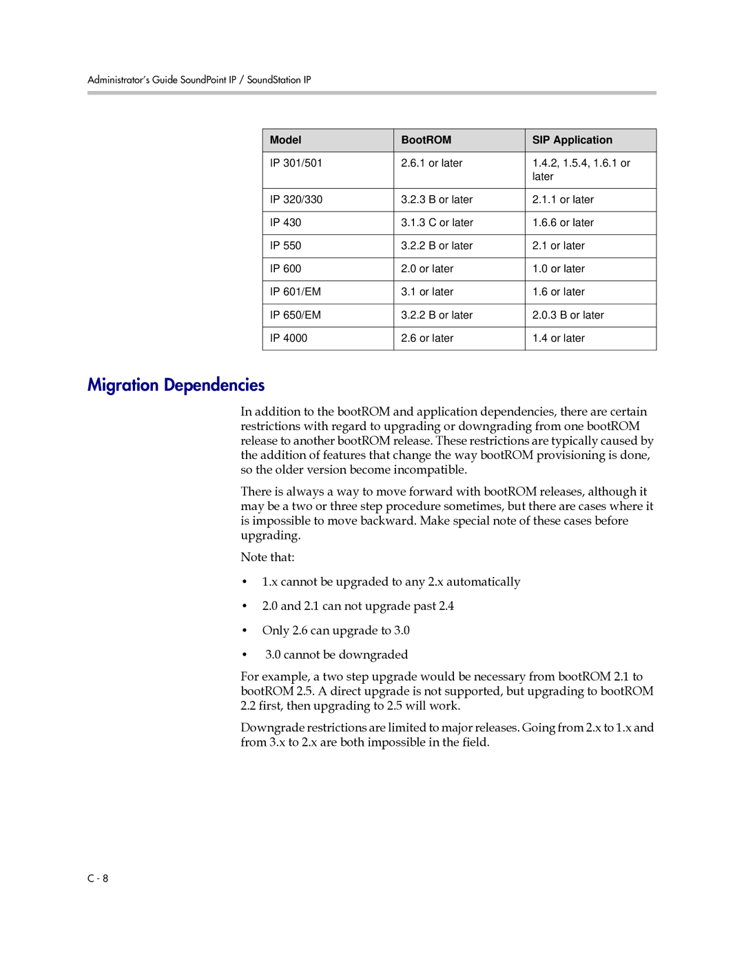 Polycom SIP 2.2.0 manual Migration Dependencies, Model BootROM SIP Application 