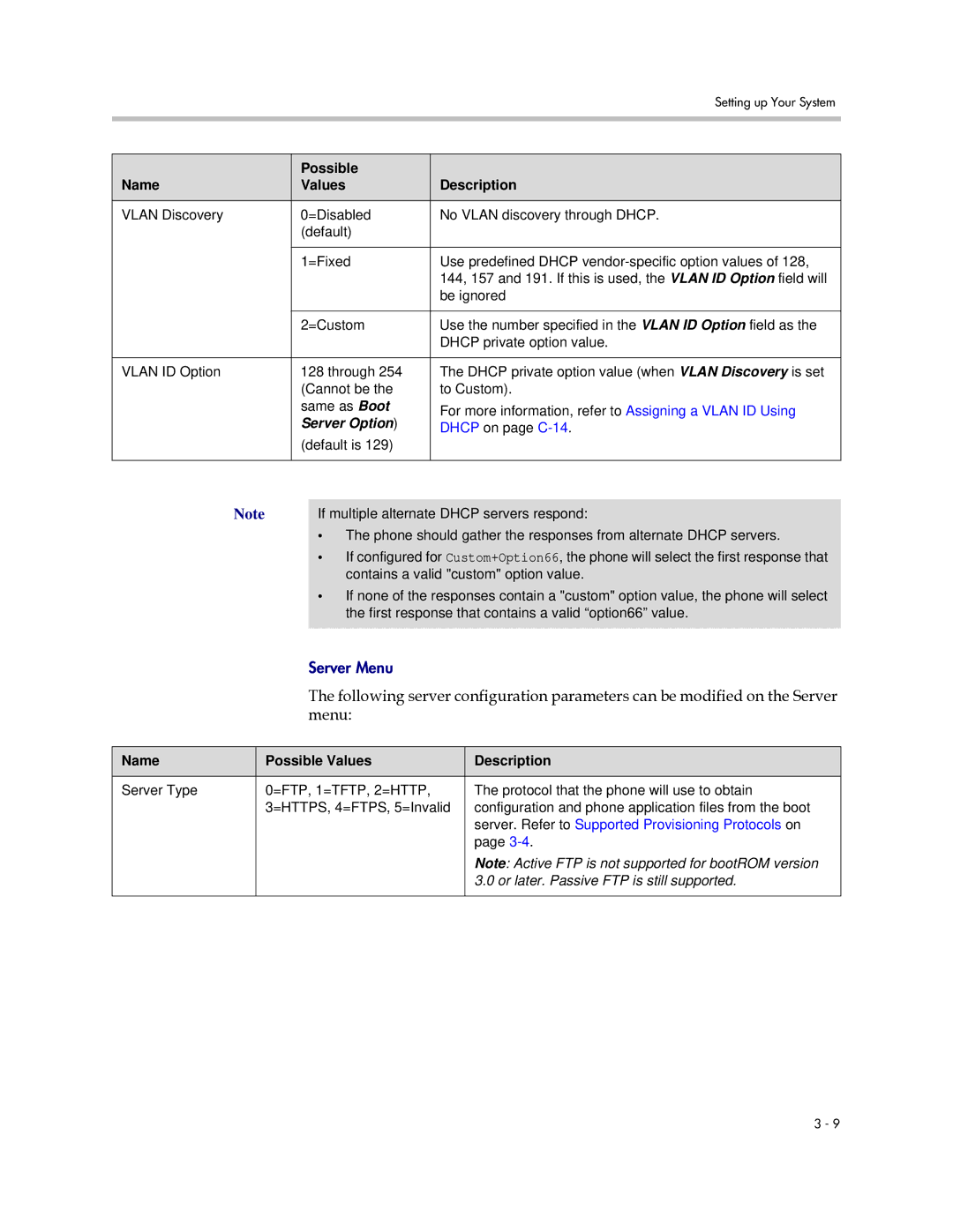 Polycom SIP 2.2.0 manual Menu, Name Possible Values Description, Or later. Passive FTP is still supported 