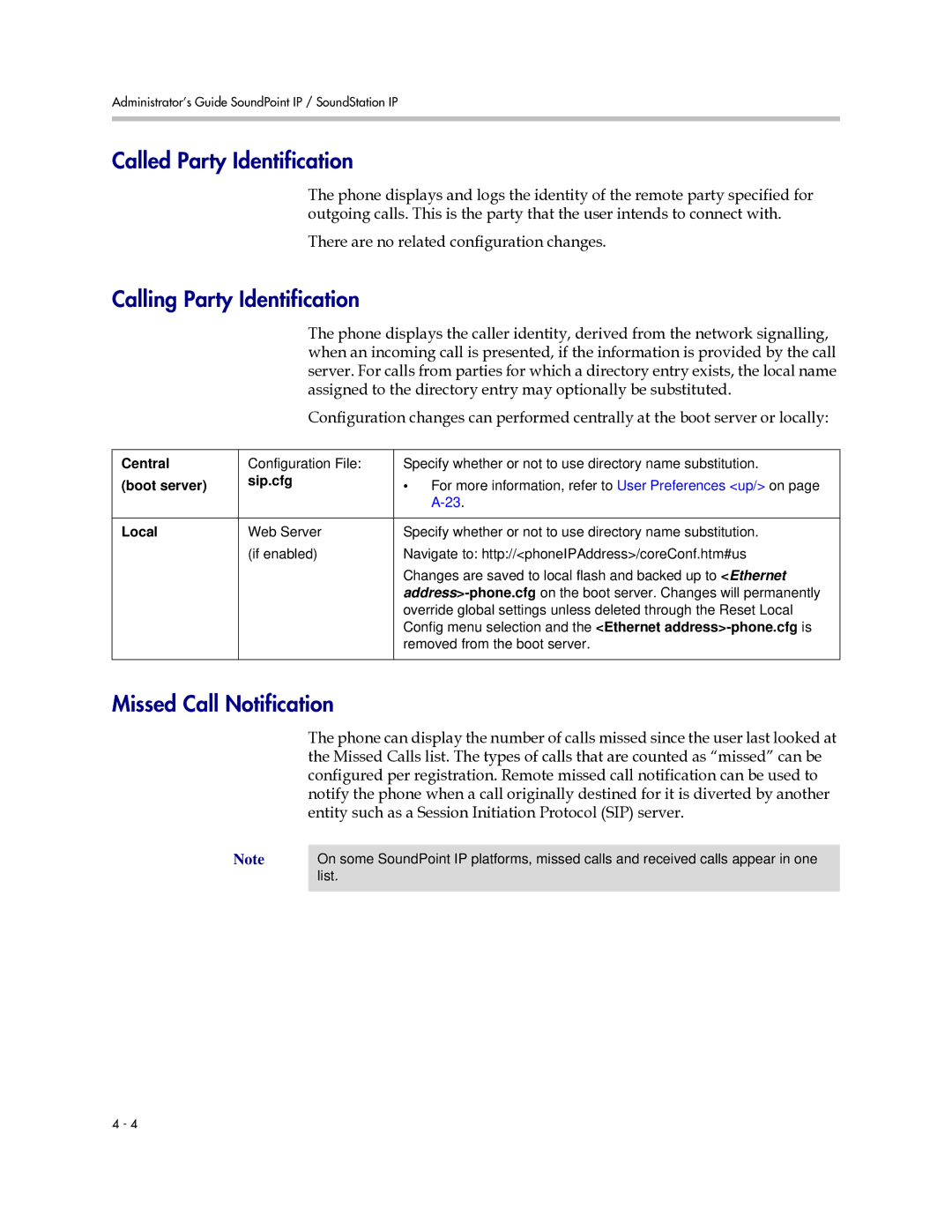 Polycom SIP 2.2.0 manual Called Party Identification, Calling Party Identification, Missed Call Notification 