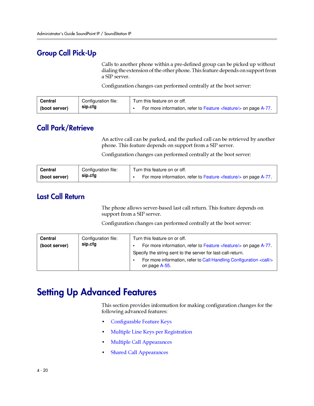 Polycom SIP 2.2.0 manual Setting Up Advanced Features, Group Call Pick-Up, Call Park/Retrieve, Last Call Return 