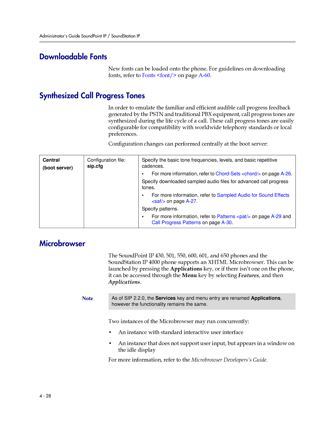 Polycom SIP 2.2.0 manual Downloadable Fonts, Synthesized Call Progress Tones, Microbrowser 