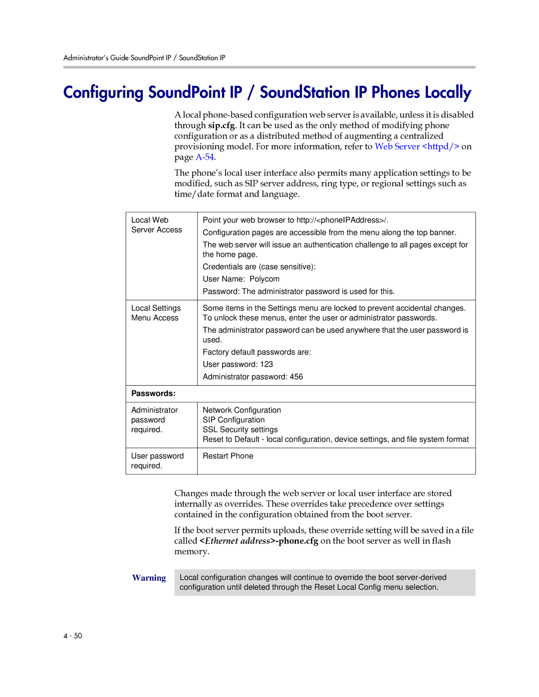 Polycom SIP 2.2.0 manual Configuring SoundPoint IP / SoundStation IP Phones Locally, Passwords 