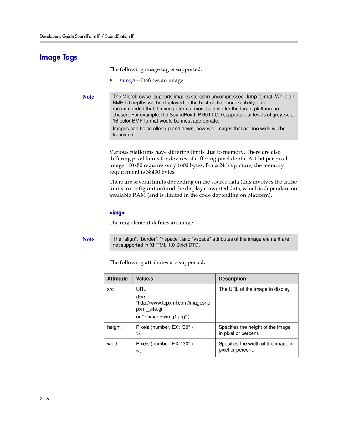 Polycom SIP 2.2.0 manual Image Tags, Following image tag is supported Img-Defines an image, Requirement is 38400 bytes 